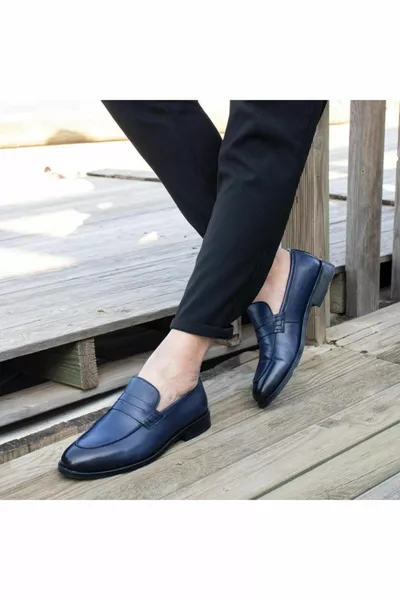 Enzo أحذية رجالية باللون الأزرق الداكن جلد طبيعي كلاسيكي