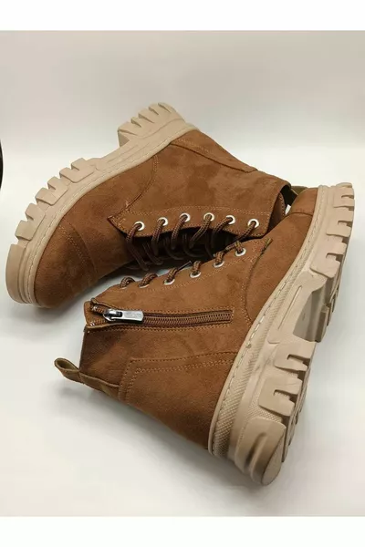 طابا نسائي ، قهوة nubuck أحذية بريدية مع سحابات وأربطة نعل مخيط