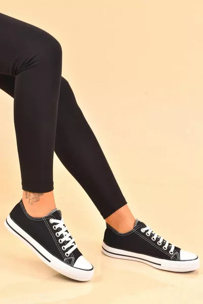 Femmes Noir Lin Lacets Casual Confortable Flexible Orthopédique Semelle Plate Tissu Chaussures Sneaker