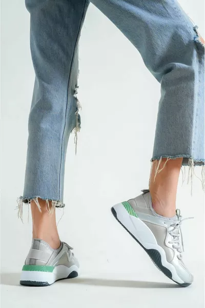 Marde Lace Детайлни сиви зелени дамски маратонки от водолазен плат