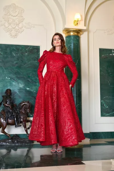 Wrist Length Glitter Puffy Hijab Evening Dress Padded Drawstring Sleeve