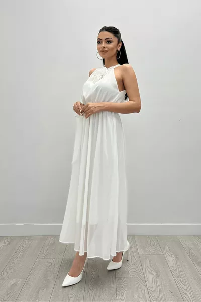 Şifon Kumaş Beli Lastikli Midi Elbise - BEYAZ