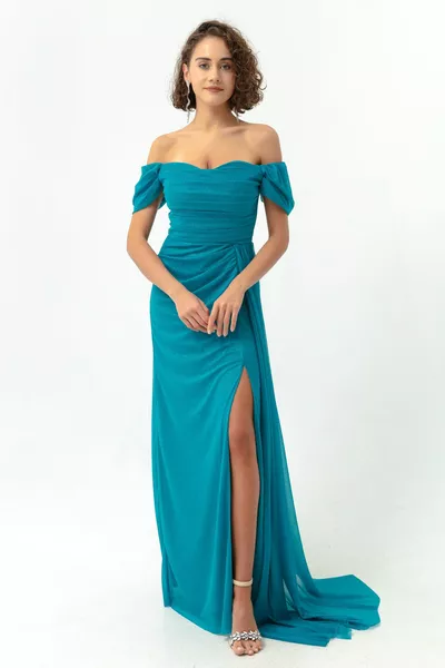 Women's Blue Boat Neck Draped Slit Long Glitter Evening Dress