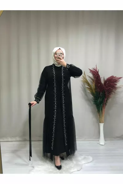 Женское платье абайя из жемчужного тюля в хиджабе