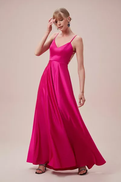 Neon Pink dünnes langes Kleid mit gekreuztem Rücken und tiefem Ausschnitt