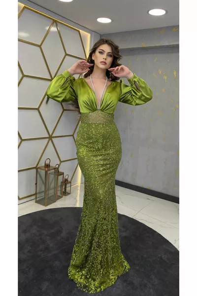Hazal Evening Dress with Stone on the Neck Pistachio Green