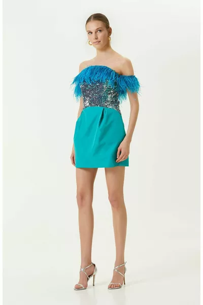 Бирюзовое мини-вечернее платье без бретелек с пайетками
