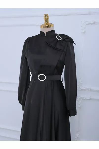 Brooched Bow Stone Belted Satin Evening Dress