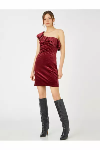 Samt Mini Abendkleid Eine Schulter Volant Stein Detail