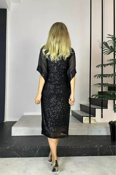  الشيفون الأكمام مفصلة الترتر مساء اللباس الأسود