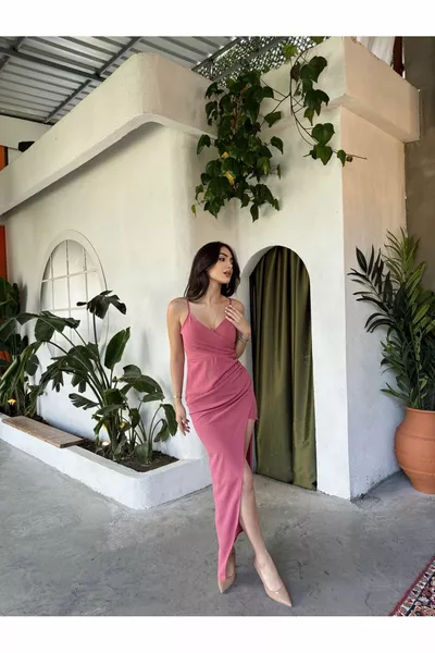 Emily Double-breasted Collar Rope Strap Slit Evening Dresses  ROSE COLOR