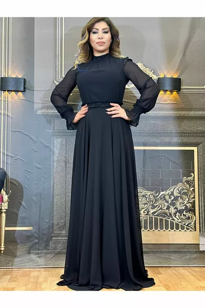 рокля вечерна рокля дълга шифон затворена разкроена бродирана черна високо качество