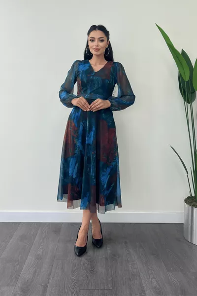 Рокля от тюл V-образно деколте Midi - СИНЬО