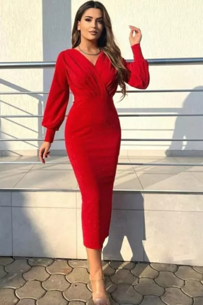 Двуреден яка блясък молив креп рокля