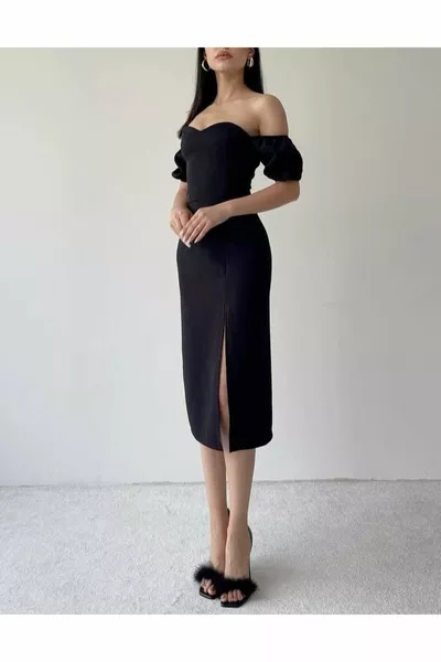 Black Heart Collar Slit Lace-Back Dress