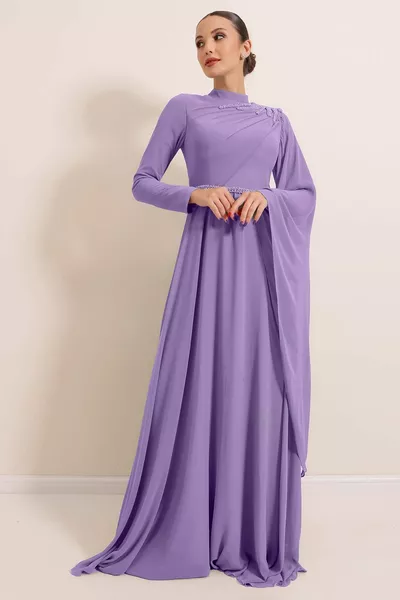 اصطف الشيفون طويل الحجاب اللباس أرجواني مع الكتف والخصر حبة التفاصيل