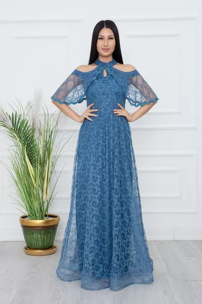 تفاصيل الكتف طويل الدانتيل مساء اللباس 