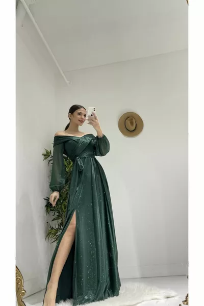 Дълъг блясък тюл с цепка колан сватба ангажимент обещание заявка рокля вечерна рокля