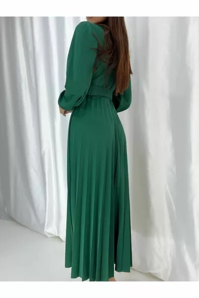 V Yaka Uzun Kollu Yeşil Renk Pliseli Kemerli Midi Boy Abiye Ve Mezuniyet Elbisesi  .