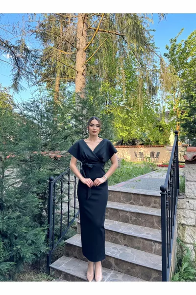 V Yaka Düşük Omuz Kalem Abiye  SİYAH