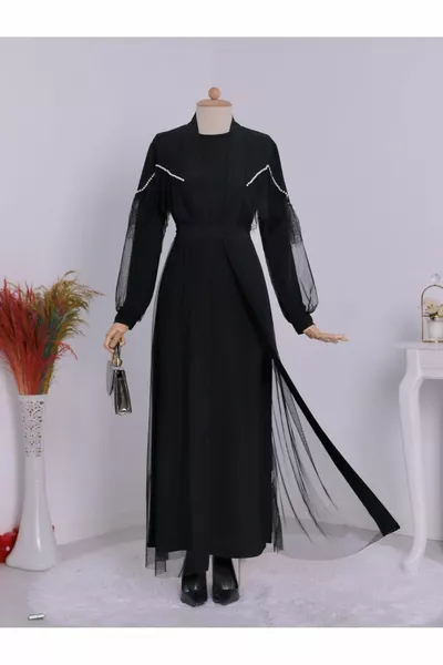 İncili Tüllü İkili Kemerli Abaya