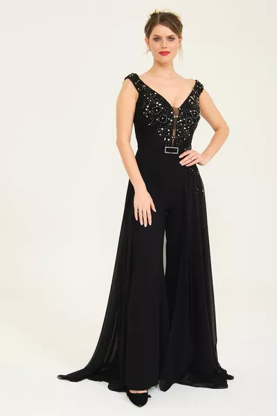 Black Stone Detailed Jumpsuit Abito da sera