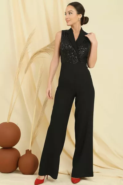 Двуреден яка без ръкави Топ пулпайет креп гащеризон