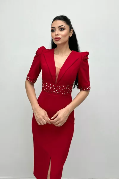 فستان سترة مطرزة بالحجر من القماش أطلس - أحمر