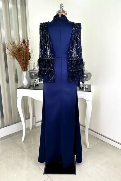 أكمام مطرز تول كاب مفصلة من الساتان البحر مساء اللباس - الأزرق الداكن