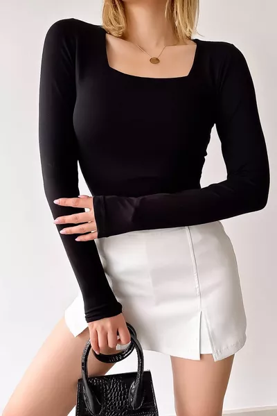 Women's Square Neck Plain Black Long Sleeve Viscose Blouse