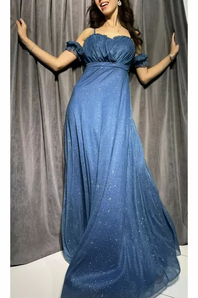 SHINY EVENING DRESS WITH WOMEN'S STRAPS AND SHOULDER DETAILS