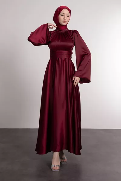 Spagnolo manica in vita avvolgere in raso Hijab abito da sera