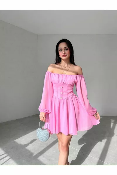 Mini Chiffon Dress with Button Detail