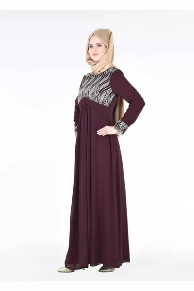 Prugna T  Fy Collezione-ricamato dettagliato Hijab abito da sera donna