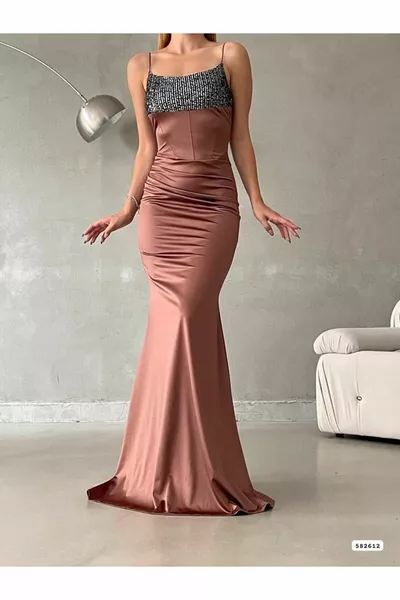 Strap Sequin Detailed Maxi Length Evening Dress