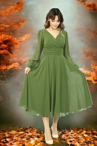 فستان طويل الأكمام مزدوج الصدر من الشيفون