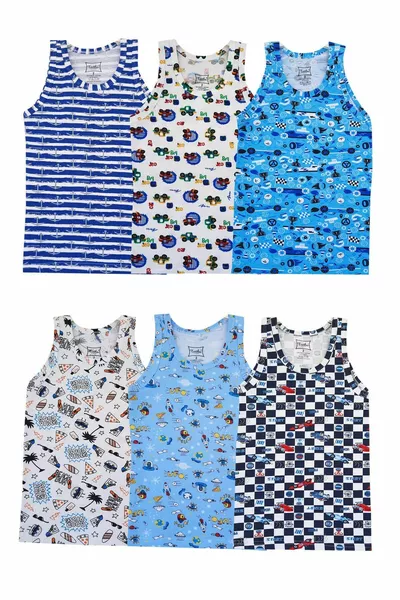 6-Pack Boys' Colorful Cotton Tank Top with Printed Straps and Elastane
