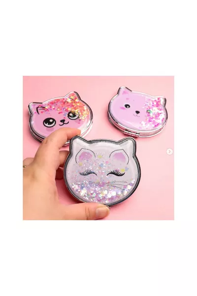 Cat-Designed Glittery Water Cosmetic Pocket Bag Mirror with Cover Hand Makeup Mirror Accessory