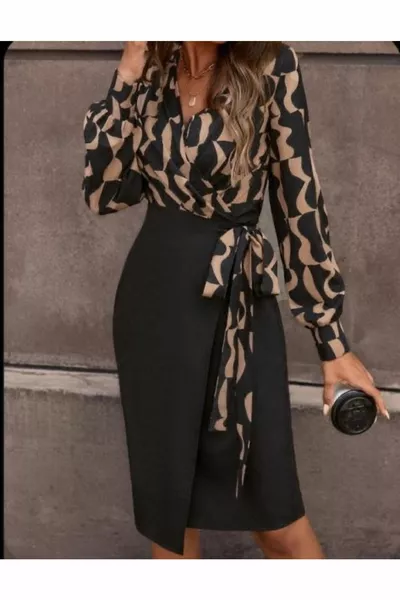 المرأة طويلة الأكمام مزدوجة الصدر طوق الرقمية المطبوعة القوس التفاصيل أطلس النسيج اللباس