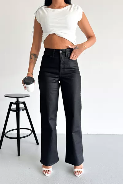 Black Women's Wide Leg Jean High Waist Palazzo Special Fabric Stretch Denim Pants 