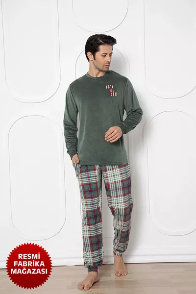 Grüner Herren-Samt-Winter-Schlafanzug, Rundhalsausschnitt, Langarm, Grüner karierter Schlafanzughose