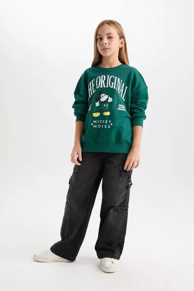 سويت شيرت للفتيات من ديزني ميكي وميني، تصميم واسع وكاجوال، بياقة دائرية، ناعم من الداخل