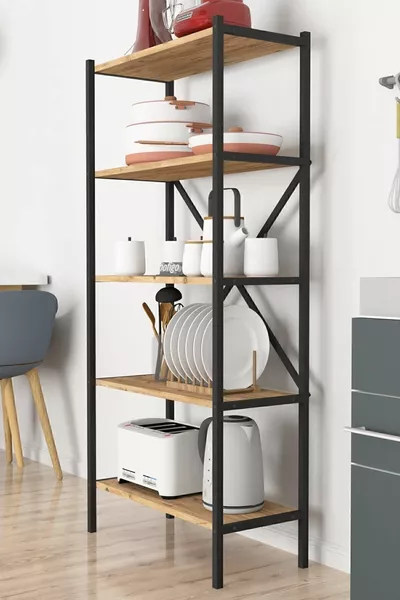 Scaffale da cucina in metallo a 5 ripiani, scaffale in metallo per cucina, supporto per microonde, portaspezie in pino