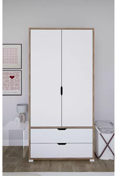Cm Licht Walnoot-wit 2-deurs 2-laden kledingkast - Garderobekast