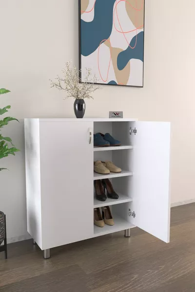 4-Shelf 2-Door Shoe Cabinet, Multi-Purpose Hallway Shoe Rack, White