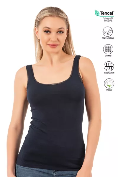 Özkan  Women's Premium Fabric Modal Cotton Stretch Tulle Trim Thick Strapped Tank Top