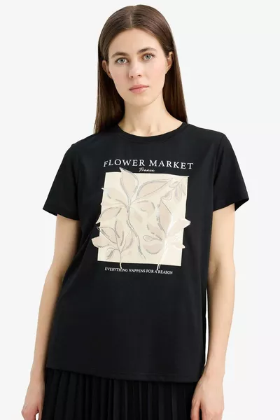 Regular Fit Crew Neck Short Sleeve T-Shirt with Floral Print SM