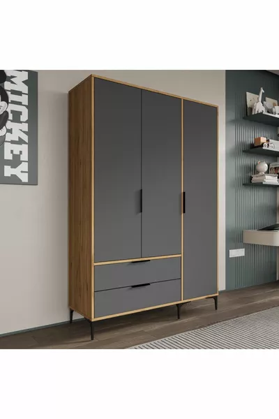 Aden Armadio Antracite Completo con 3 Ante e Cassetti, Guardaabiti, Armadio con Ripiani