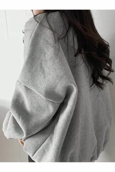 Normal Isobar Kalın Kışlık Sweatshirt - Gri Baskılı Oversize Şardonlu Bisiklet Yaka