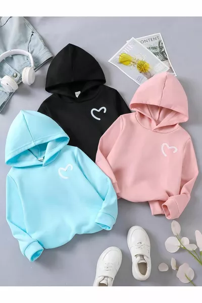 Kız Çocuk 3'lü Paket Kapşonlu Yarım Kalp Baskılı Pamuk Sweatshirt
